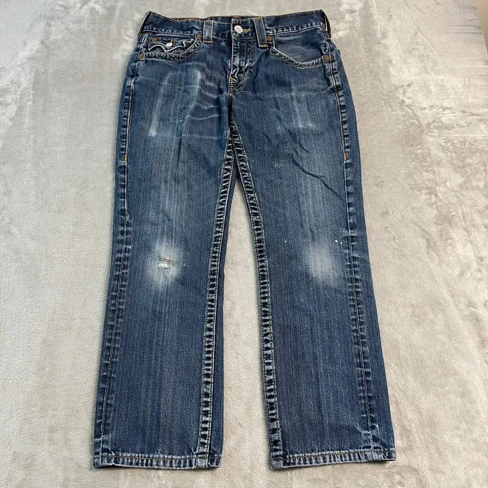 True Religion Straight Flap Pocket Blue Jeans 31x27 Faded Denim Distressed